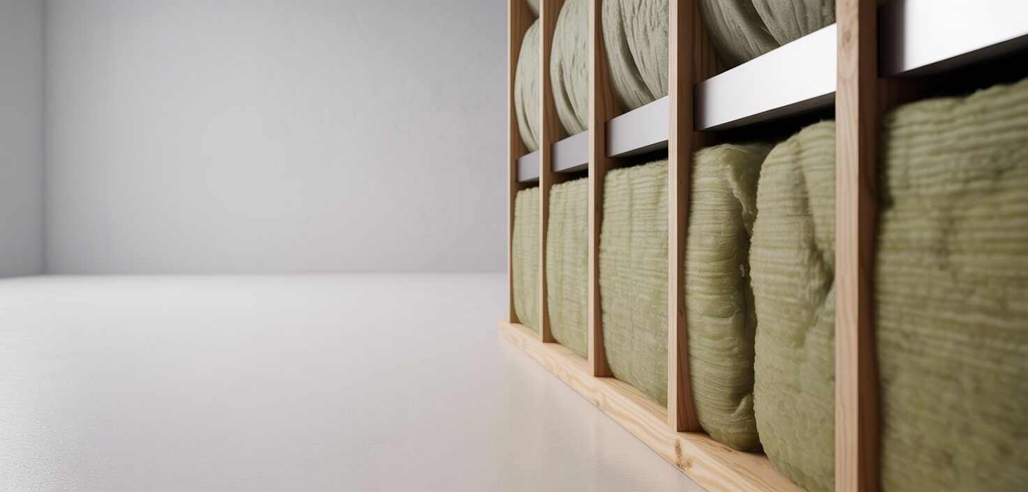 En modern, minimalistisk interiör visar invändig isolering med mineralull. Ett snitt genom en vägg avslöjar isoleringen.