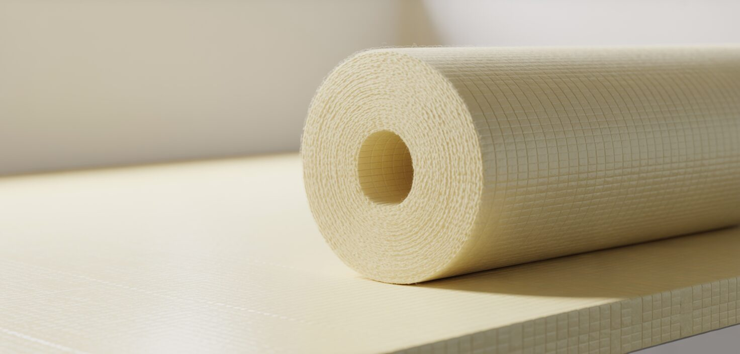 En fotorealistisk bild av en vit glasullsisoleringsrulle med synlig struktur, placerad på en ren, vit yta. Fokus på detaljer och textur. Ljus och skugga framhäver materialets struktur.